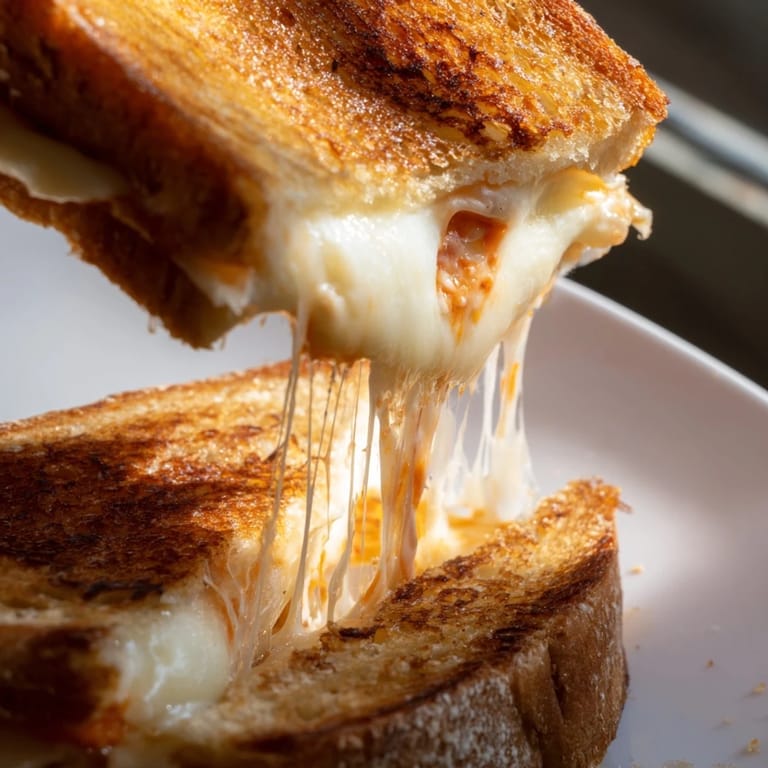A close-up of Three-Cheese Grilled Cheese showcases the stringy cheese pull between golden sourdough, layered with mozzarella, cheddar, and provolone, served on a checkered picnic table.