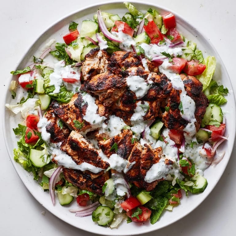 Juicy, charred Chicken Shawarma Salad topped with creamy yogurt dressing, red onion, and tomatoes, served on a platter.