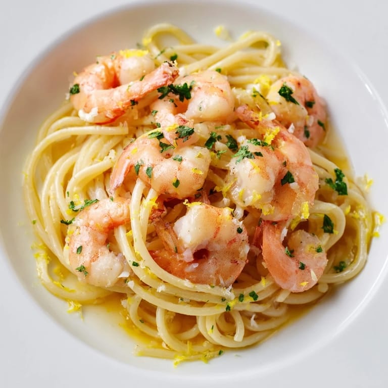Close up of perfectly cooked Lemon Garlic Shrimp Pasta served warm, with glistening sauce and grated Parmesan.