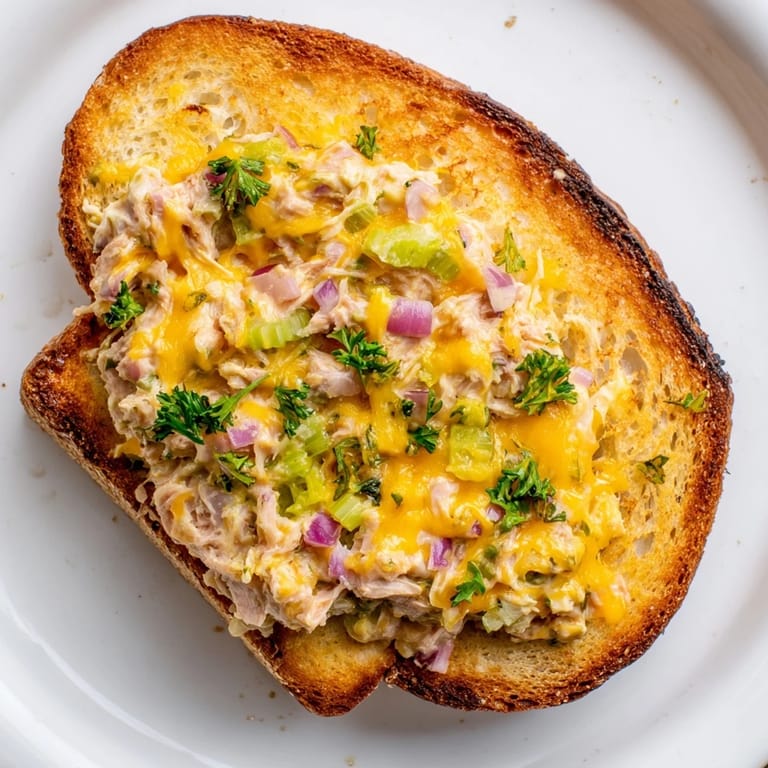 Spicy tuna melt features zesty tuna salad, gooey melted cheese, and crisp sourdough bread on a warm plate.  
