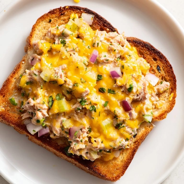 A close-up of the spicy tuna melt showcases melted cheese oozing from the golden-brown, crispy sandwich.