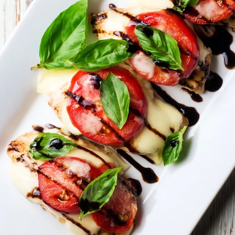 Freshly prepared Caprese Chicken Skillet featuring juicy chicken breasts topped with vibrant tomatoes, creamy mozzarella, and a drizzle of balsamic glaze on a white plate.  