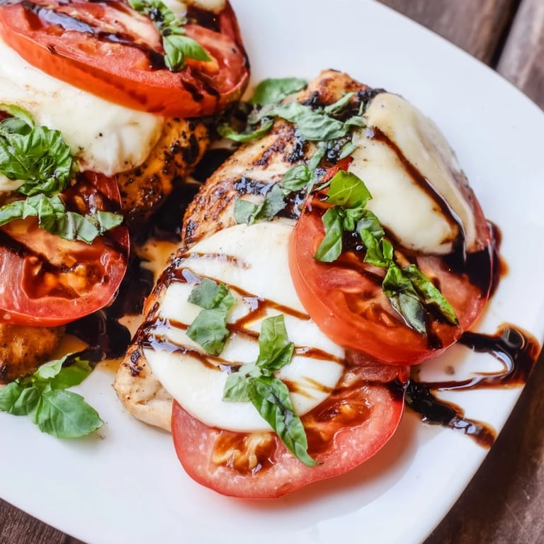 Sizzling Caprese Chicken Skillet just removed from the pan, showcasing melted cheese, bright basil, and a glossy balsamic reduction, ready for a family-style dinner.