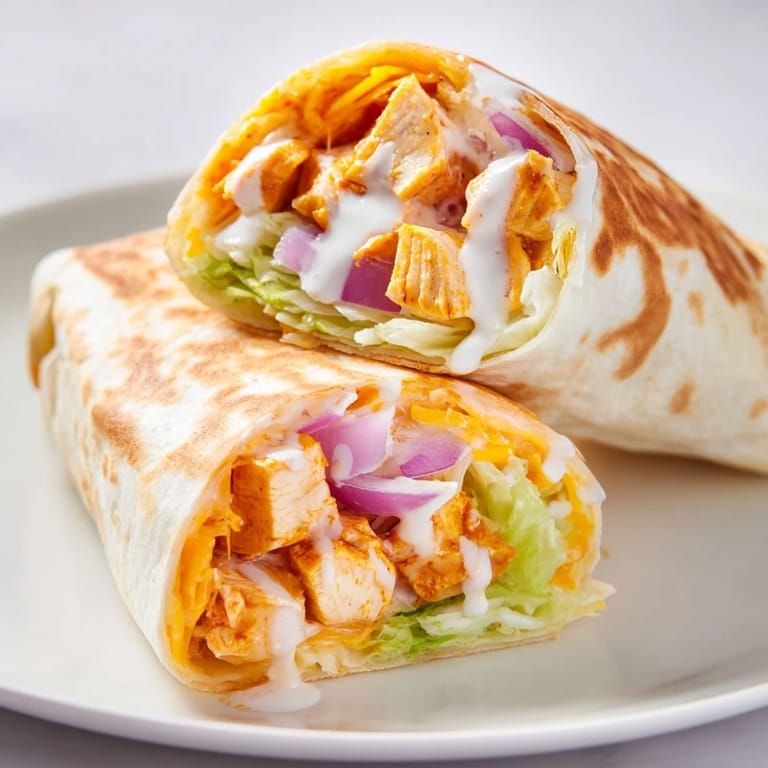 A Buffalo Ranch Chicken Wrap on a rustic wooden board, drizzled with creamy ranch and tangy buffalo sauce, served with celery sticks and extra dip.