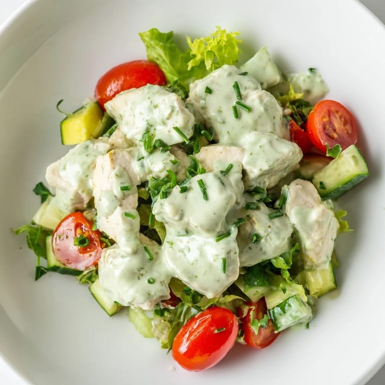 Freshly prepared Avocado Ranch Chicken Salad with juicy grilled chicken, diced celery, red onion, and a vibrant, herb-infused green salad base.  