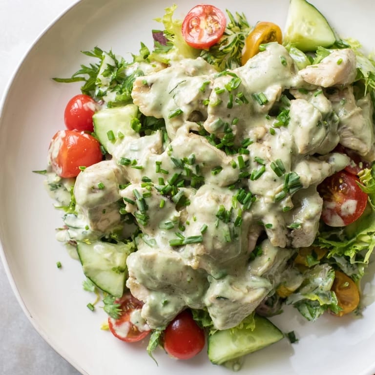 A bright bowl of Avocado Ranch Chicken Salad featuring chilled chicken, ripe avocado dressing, and colorful vegetables, perfect for a light lunch or dinner.