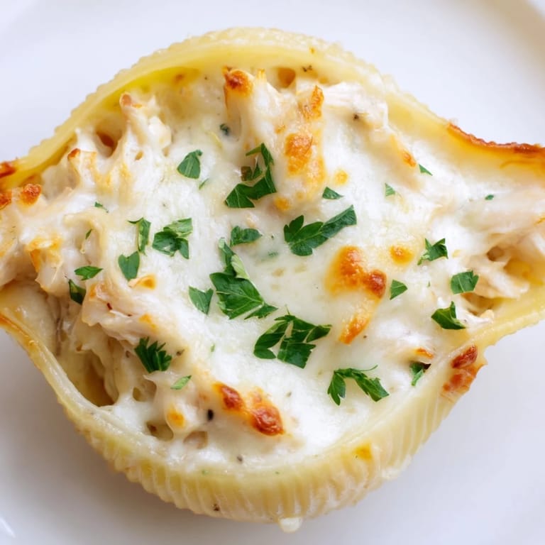 Tender jumbo pasta shells filled with rich chicken and Alfredo sauce, garnished with fresh parsley on a white ceramic plate.
