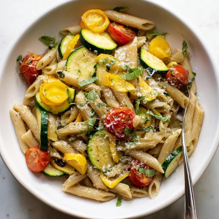 A close-up of Garden Veggie Pasta in a white bowl, highlighting vibrant vegetables and glistening olive oil.  
