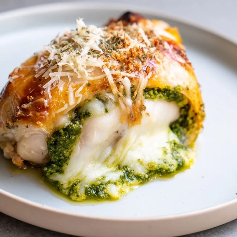 Sliced Mozzarella & Pesto Stuffed Chicken served with a crisp green salad and roasted vegetables on a rustic plate.