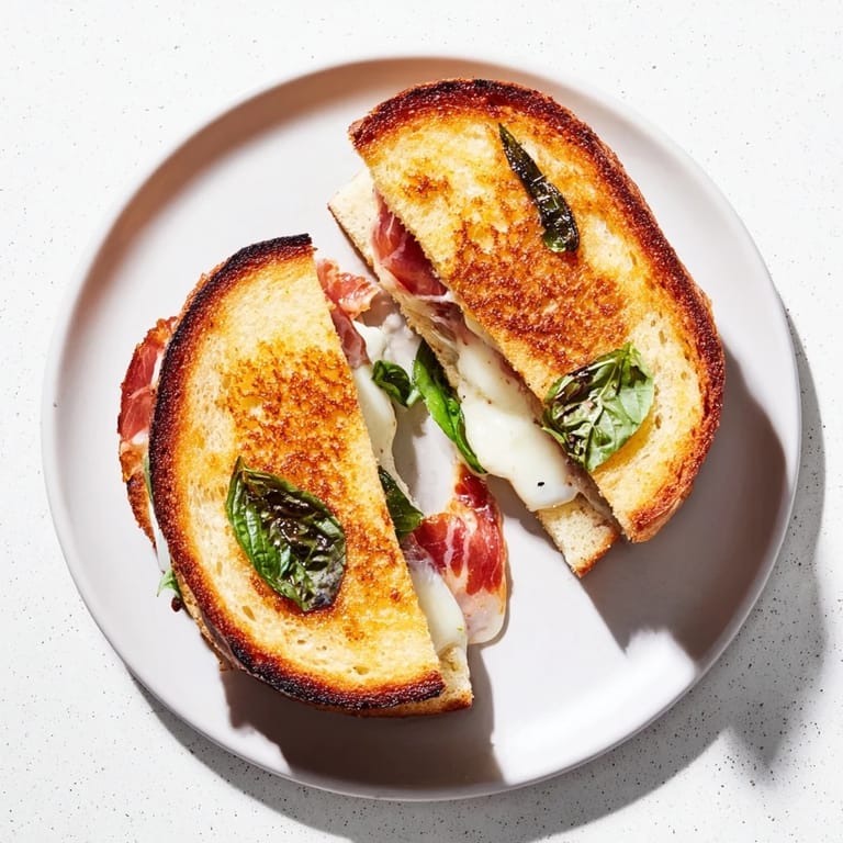 Melted burrata and crispy prosciutto stuffed inside a buttery, golden-brown sourdough grilled cheese sandwich.