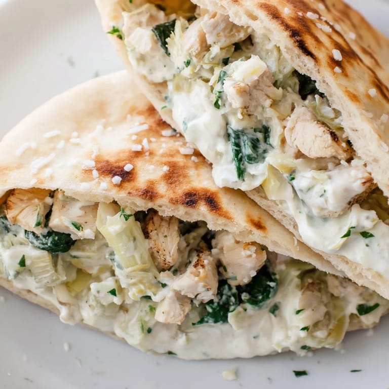 Savory spinach artichoke chicken stuffed pita with melted mozzarella, fresh parsley, and a squeeze of lemon.
