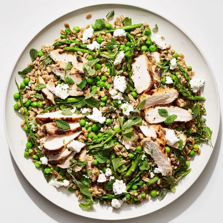 This vibrant Warm Spring Farro Chicken Salad features tender grains, juicy chicken, and fresh spring vegetables drizzled with a zesty lemon vinaigrette on a rustic wooden table.