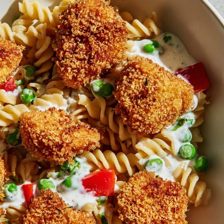 Close-up of Crispy Chicken Ranch Pasta Salad showing crunchy panko-coated chicken, tender pasta, and vibrant vegetables tossed in a rich, creamy ranch dressing.