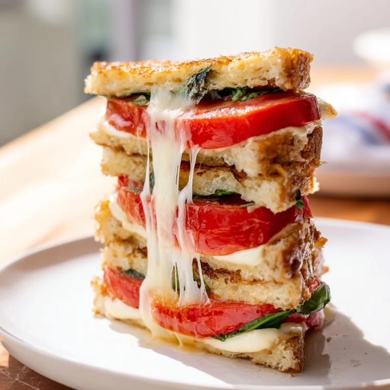 A close-up of golden-buttered slices of Caprese Grilled Cheese Dippers arranged on a rustic plate with a bowl of red sauce. 