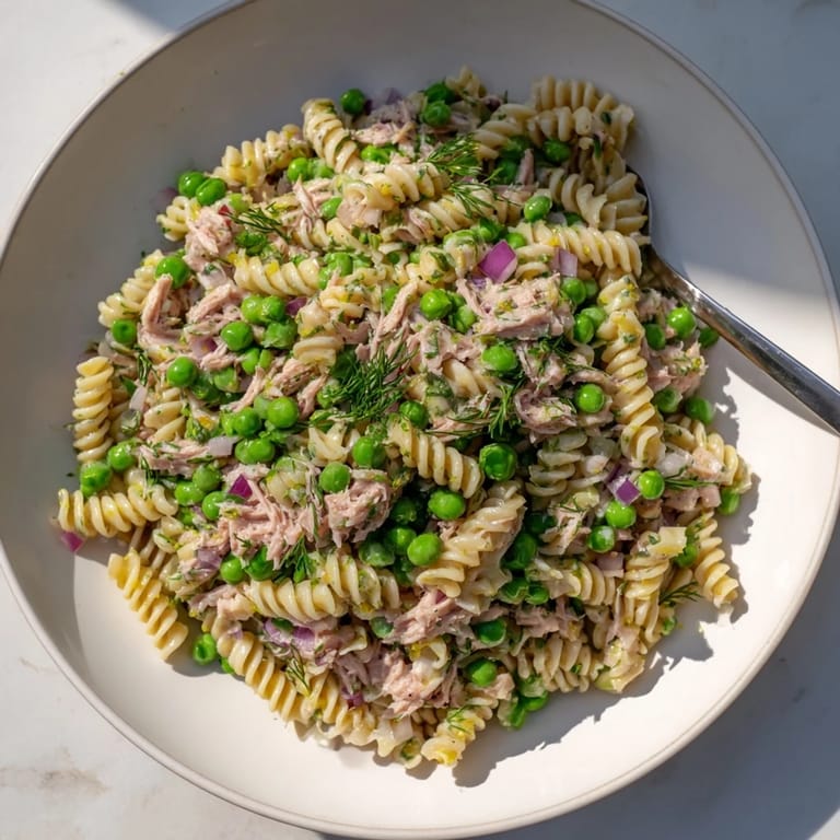 A light and refreshing Lemony Tuna Pasta Salad served in a white bowl, garnished with chopped parsley and dill, perfect for picnics, potlucks, or a quick lunch.  