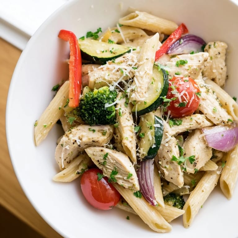 Tender slices of garlic-herb chicken with colorful roasted veggies and penne, ready to serve.