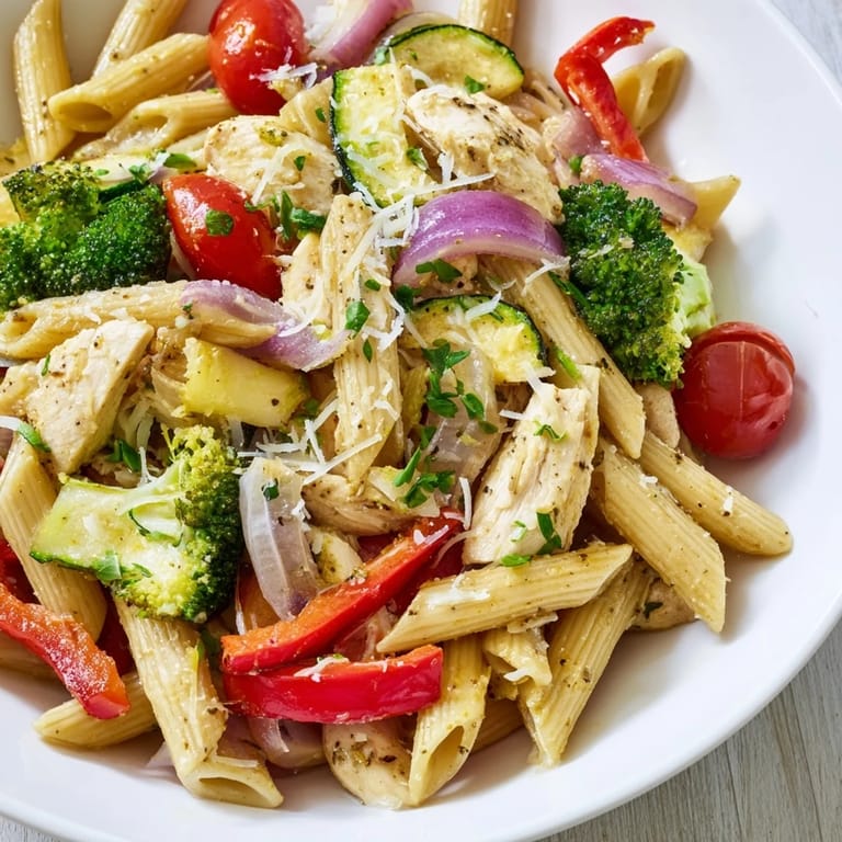A vibrant plate of garlic herb chicken and veg pasta with fresh parsley and Parmesan.