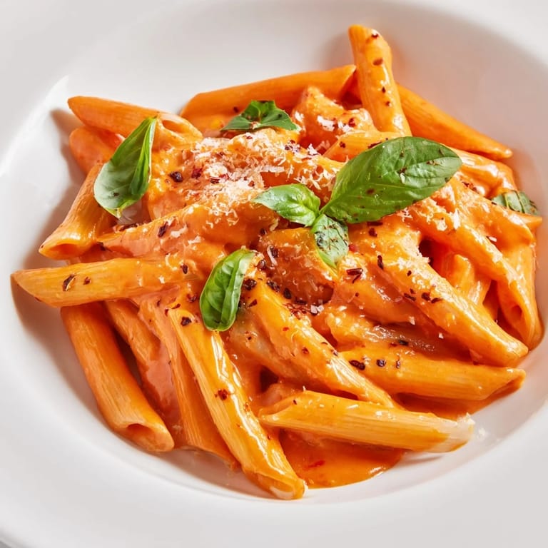A skillet of Creamy Roasted Red Pepper Pasta beside a glass of white wine, steam rising from the saucy penne.