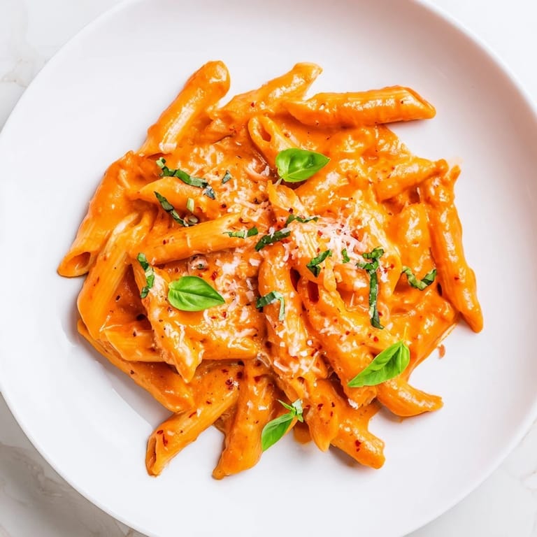 Savory Creamy Roasted Red Pepper Pasta served with extra Parmesan, a sprinkle of red pepper flakes, and crusty bread.