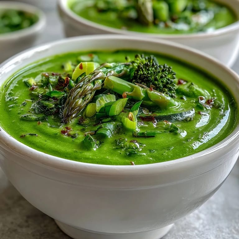 A close-up of vibrant Big Green Immunity-Boosting Vegetable Soup with visible creamy texture, ready to serve with a spoon.