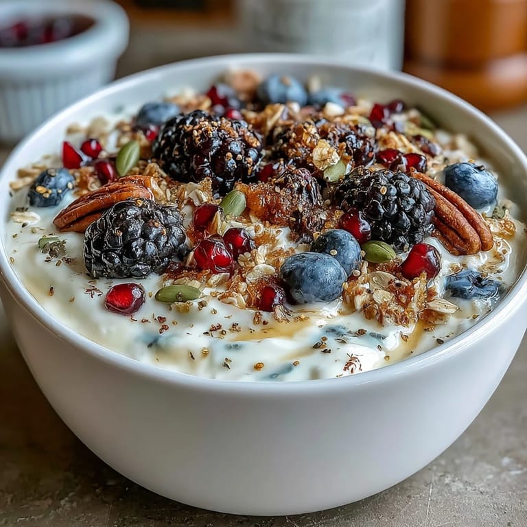 Overhead view of a Yogurt Bowl with Winter Berries and Spiced Crunch, featuring vibrant blueberries and pomegranate seeds.  