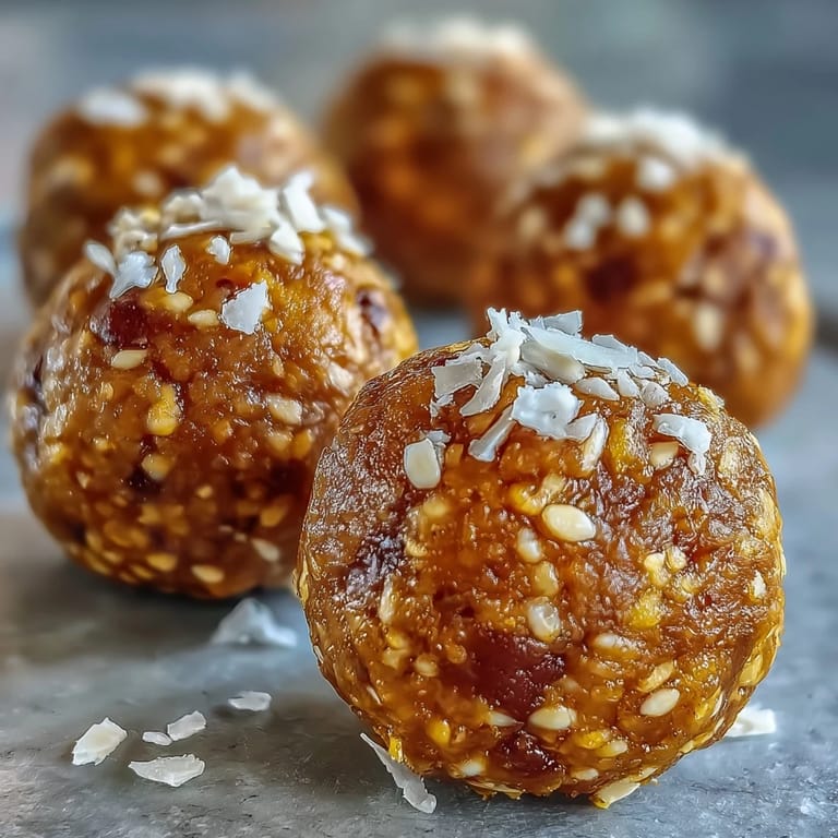 Twelve round ginger turmeric energy balls arranged on a marble countertop, showcasing their vibrant yellow hue and rolled coconut texture for a gluten-free treat.