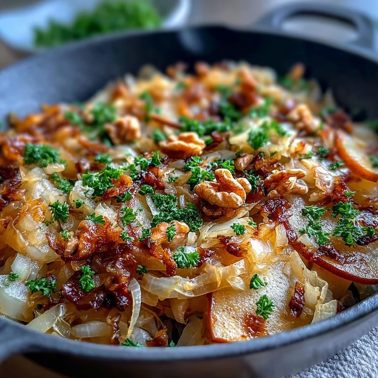 Freshly chopped parsley and crunchy toasted walnuts garnish the vibrant Warm Apple and Sauerkraut Skillet Salad, served warm as a probiotic-rich German-inspired side.
