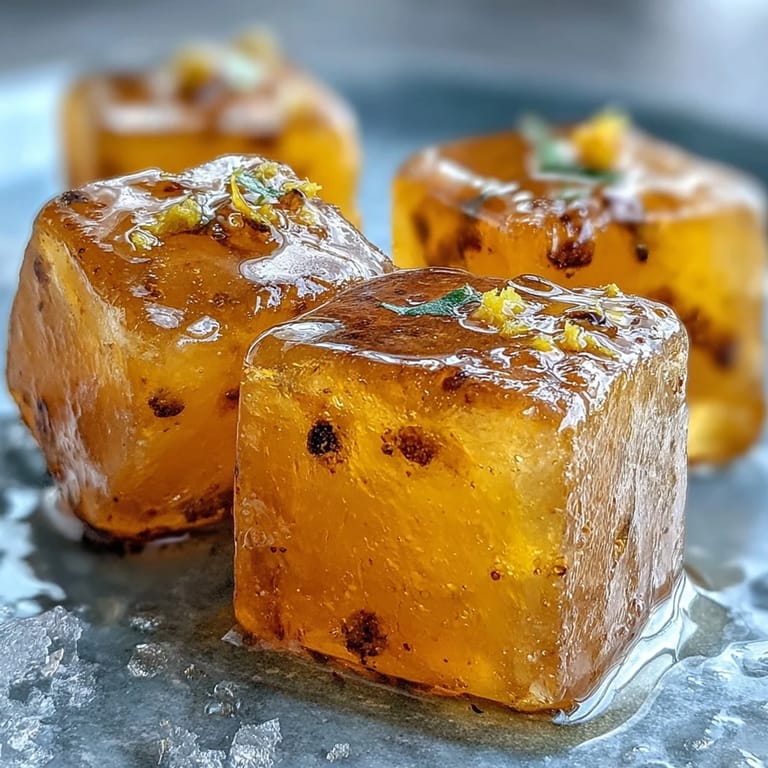 Gleaming golden wellness cubes infused with lemon, ginger, and turmeric melt slightly on a plate for an easy, refreshing immune shot. 