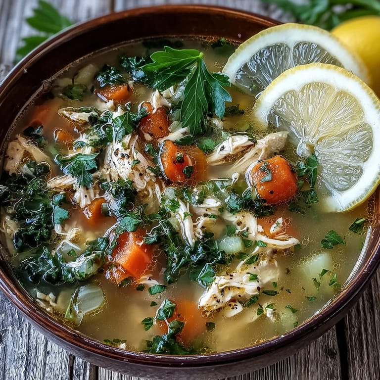 Vibrant High Protein Lemon and Turmeric Chicken Soup in a rustic bowl, featuring a sprinkle of fresh parsley and a side of crusty gluten-free bread.