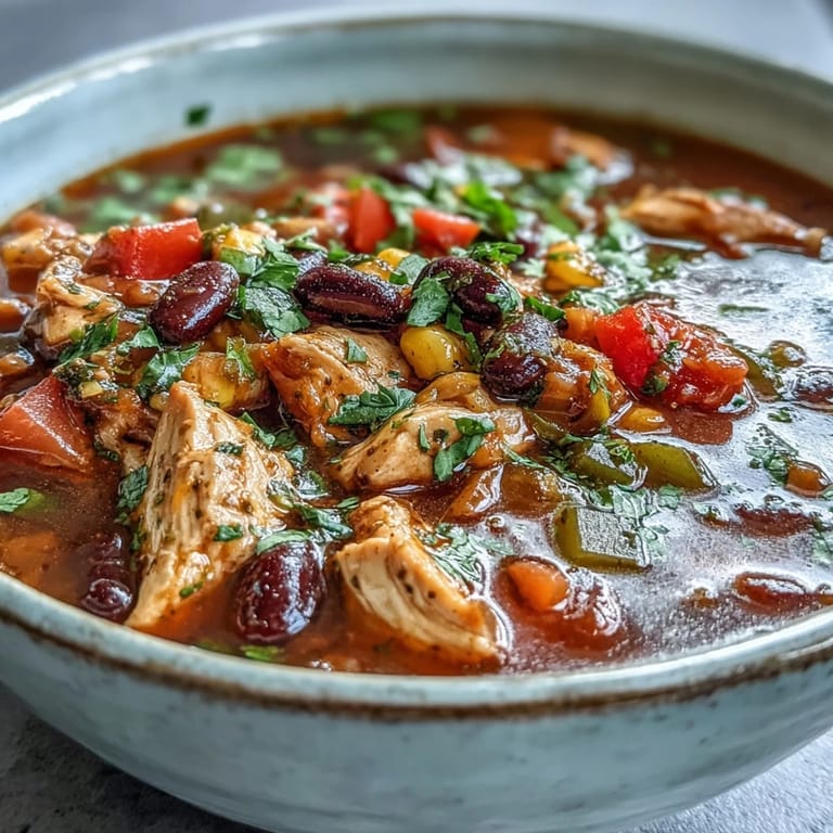 Southwestern Turkey Soup simmering with turkey, black beans, and corn in a rustic pot, ready to ladle.