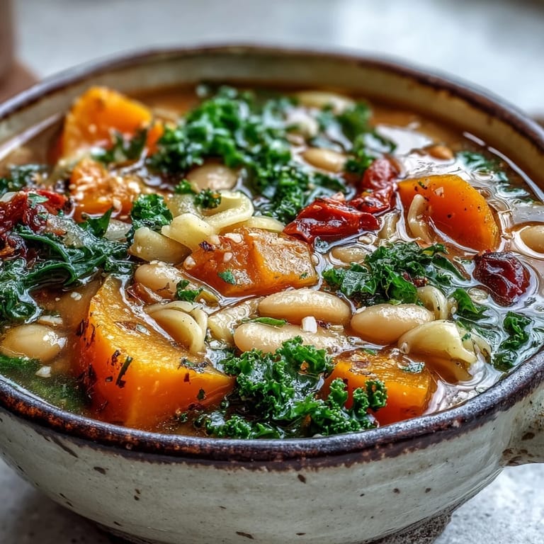 Winter Minestrone Soup simmering in a pot with diced carrots and zucchini.