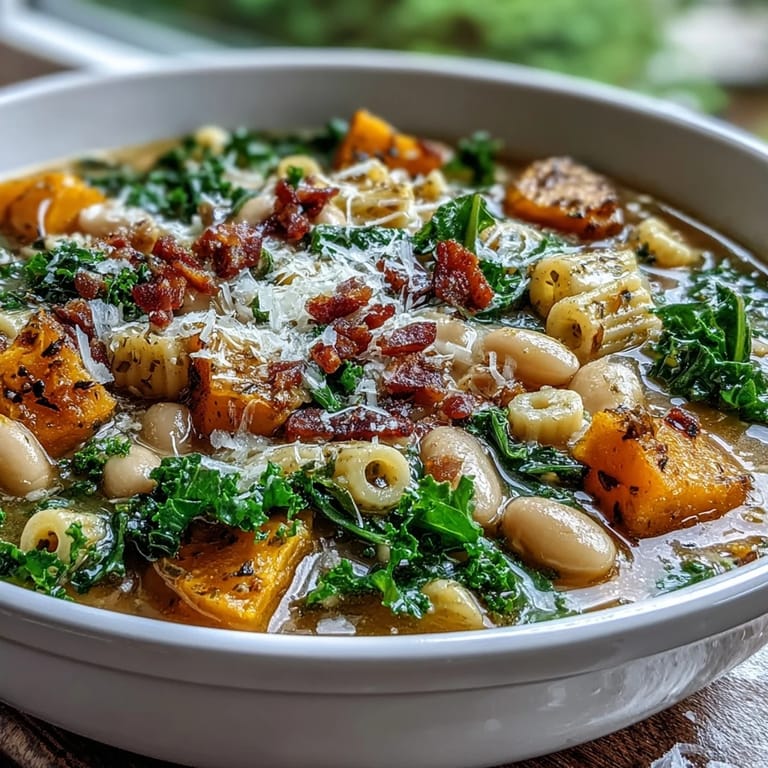 Spoon dipping into a warm bowl of Fall Minestrone, revealing ditalini pasta and savory pancetta pieces, served with crusty bread on the side.