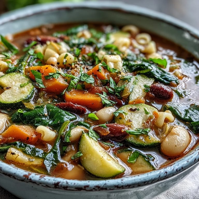 A steaming bowl of Minestrone Soup topped with fresh parsley and parmesan, served alongside crusty artisan bread on a rustic table.