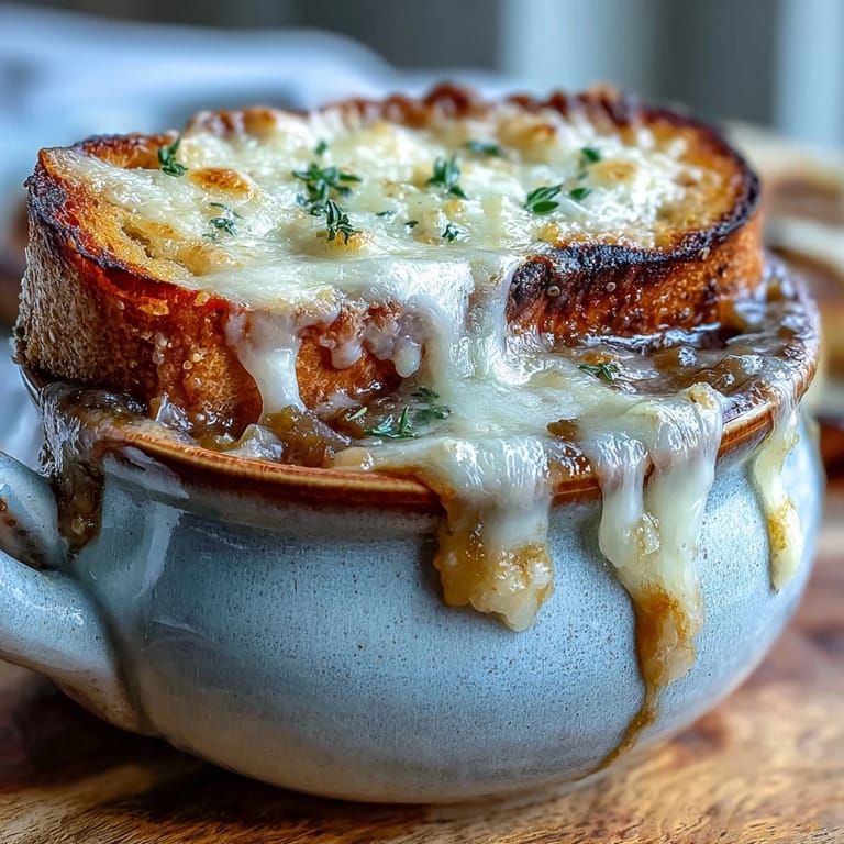 A bubbling oven-safe bowl of Dutch Oven French Onion Soup featuring a toasted bread crust and rich, brown broth.