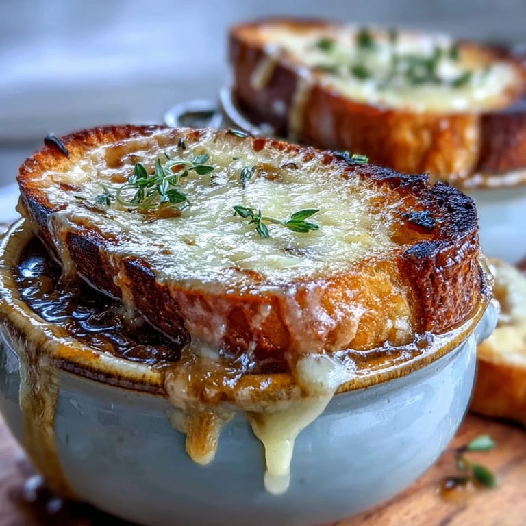 Fresh thyme garnishes a ladle of savory Dutch Oven French Onion Soup, served alongside a crisp green salad and white wine.
