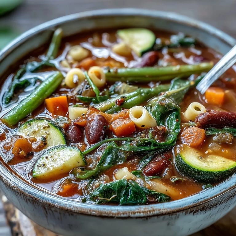 A steaming pot of Minestrone Soup reveals colorful diced carrots, zucchini, and beans simmering in a rich, chunky tomato broth.