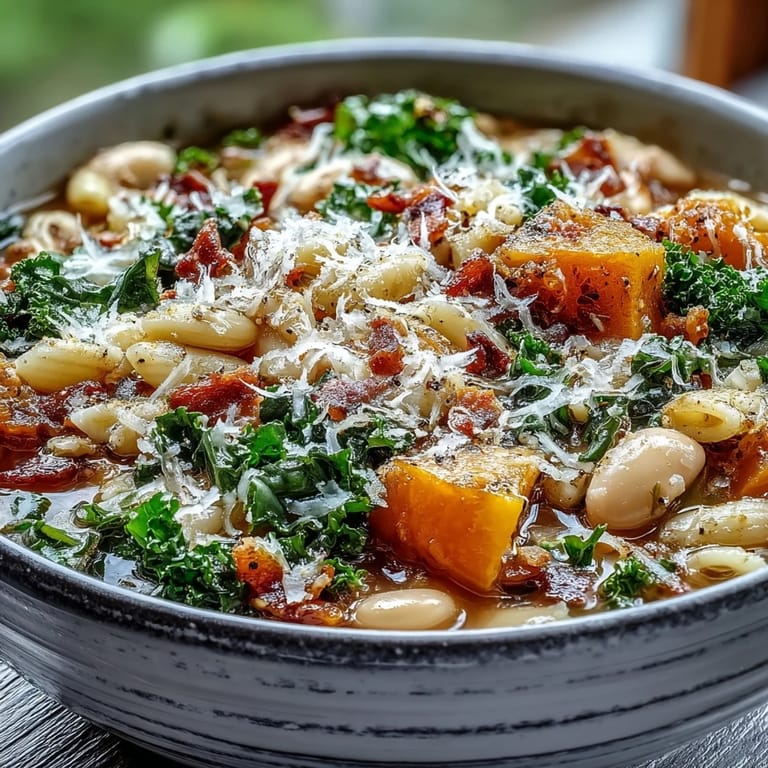 Overhead view of Fall Minestrone in a Dutch oven, topped with fresh parsley and shaved Parmesan cheese, ready to serve for autumn dinner.
