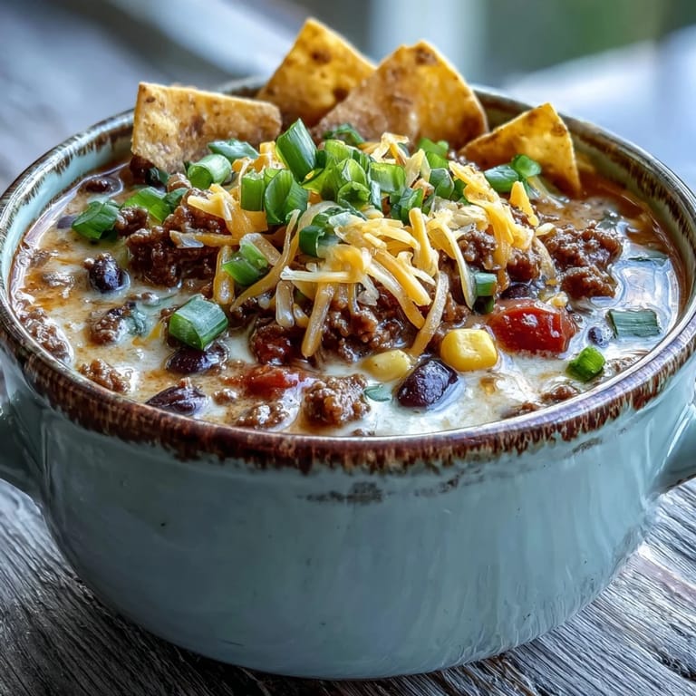 Ground beef and bell peppers sautéed in a pot for Creamy Taco Soup, ready for ladling with tortilla chips.