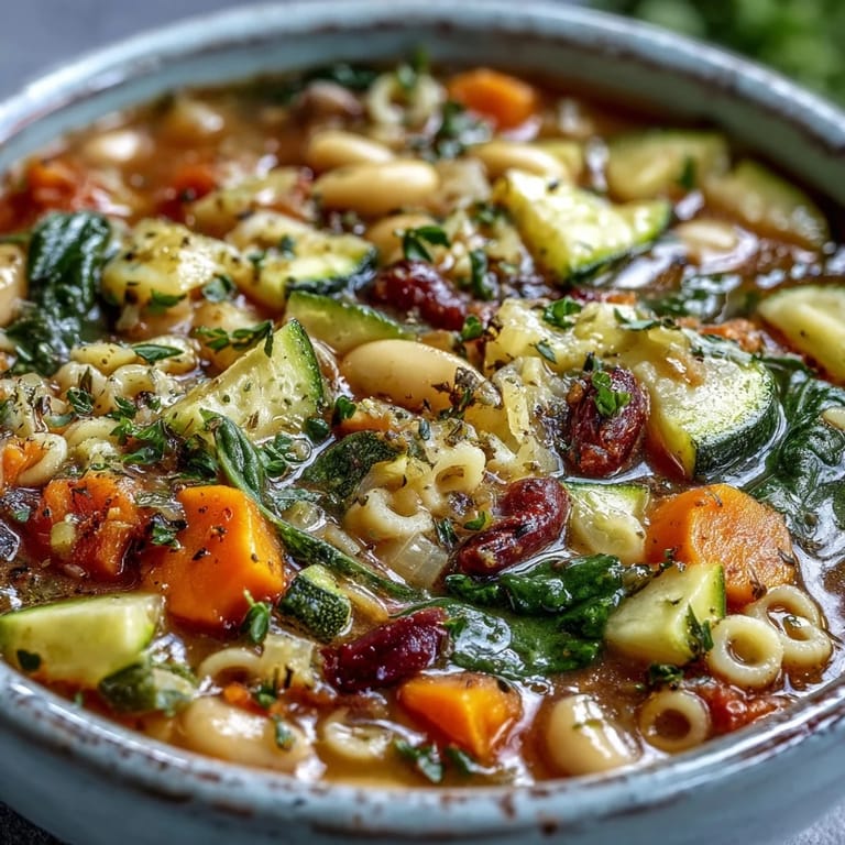Hearty Italian Minestrone Soup in a pot, loaded with diced carrots, zucchini, green beans, and tomatoes, ready to serve.