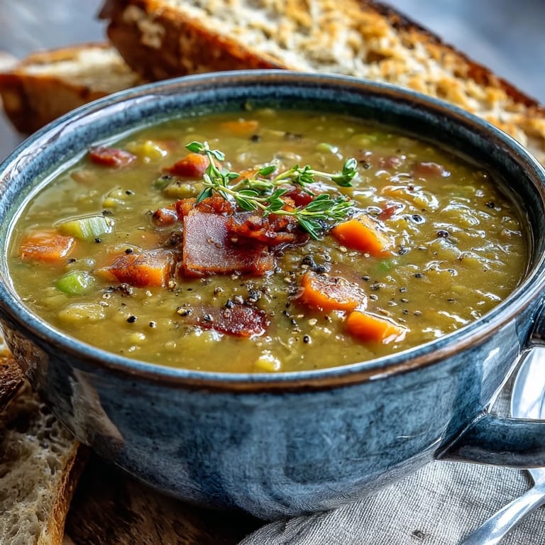 A ladle scooping up thick Split Pea and Ham Soup from a pot, revealing chunks of tender carrots and ham.