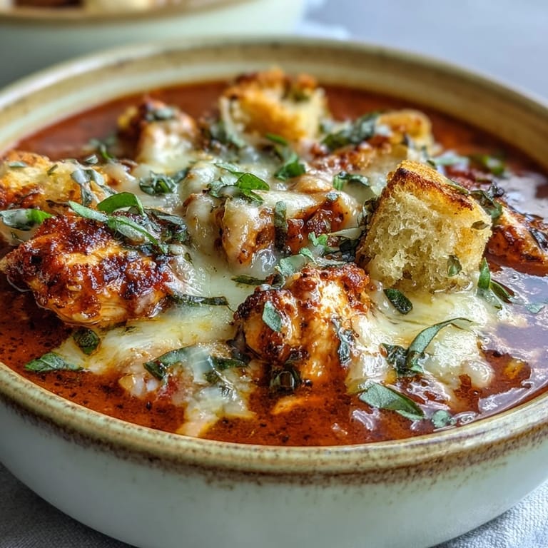 Hearty Grilled Chicken Parmesan Soup features grilled chicken, crushed tomatoes, and garlic croutons.