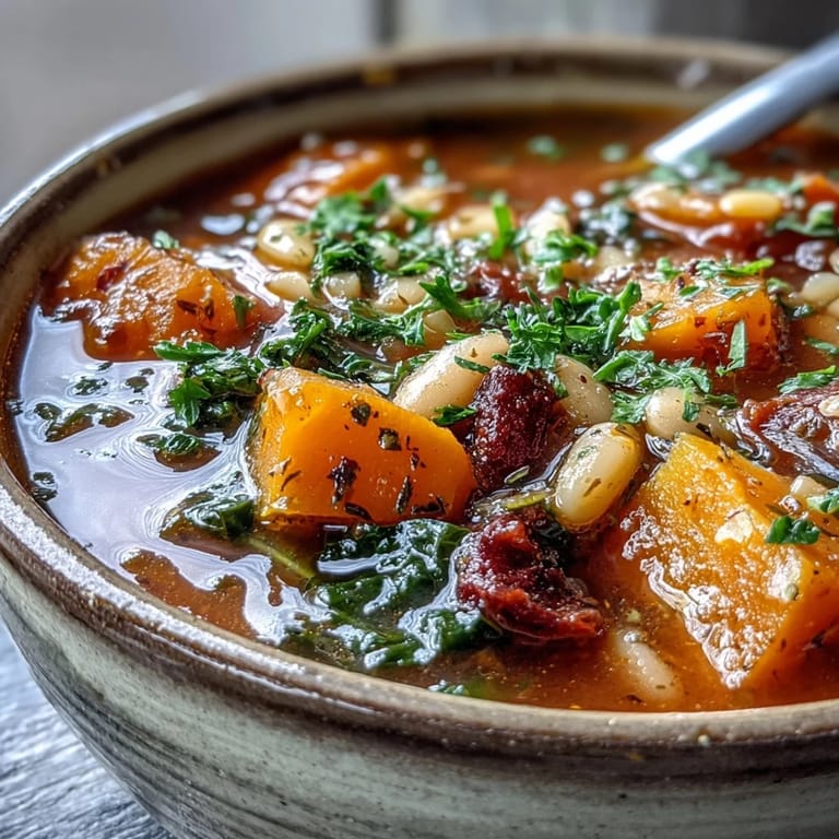 Steam rises from a cozy bowl of Winter Minestrone Soup With Butternut Squash and Kale, ready to be served with crusty bread for dipping into the rich vegetable broth.