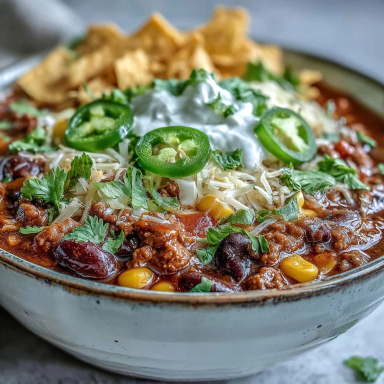 Family-style Taco Soup simmering in a pot with vibrant red peppers and onions.