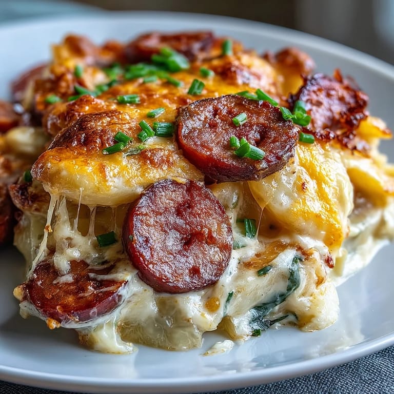 Creamy sauce and fresh chives garnish this hearty Crockpot Pierogi Casserole With Kielbasa for a comforting meal.