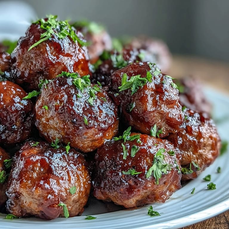 Close-up of juicy Slow Cooker Peach Glazed Meatballs on a plate with a toothpick, perfect for game day parties