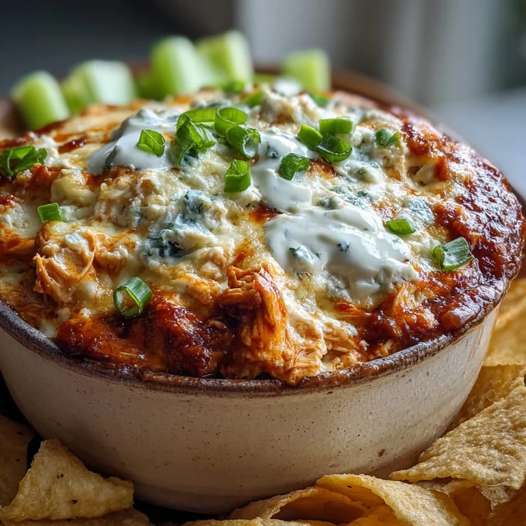 Spicy Crock Pot Buffalo Chicken Dip bubbling in a slow cooker, topped with extra shredded cheddar and scallions.