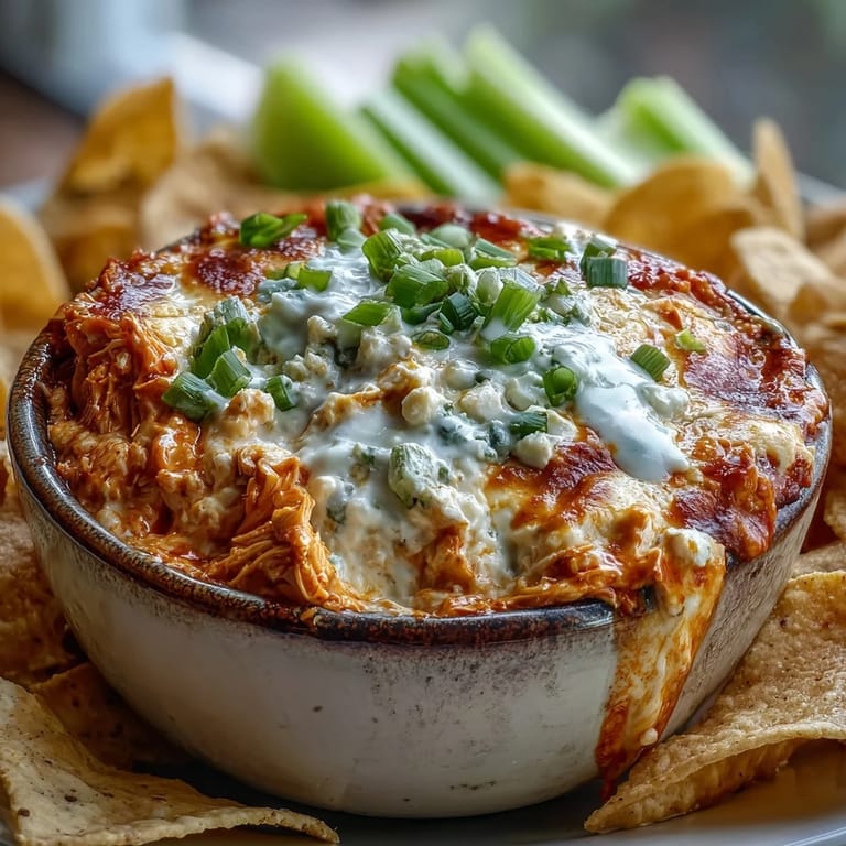 Rich and cheesy Crock Pot Buffalo Chicken Dip beside carrot sticks and ranch drizzle, ready for game day snacking.