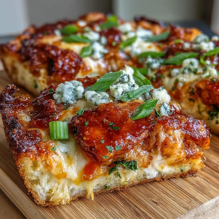 Hot Buffalo Chicken Pizza topped with sliced red onion and blue cheese crumbles, ready to slice.