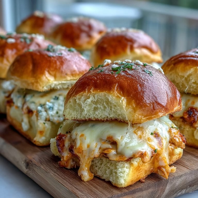 Golden slider buns stuffed with creamy Buffalo chicken dip for a game day treat.