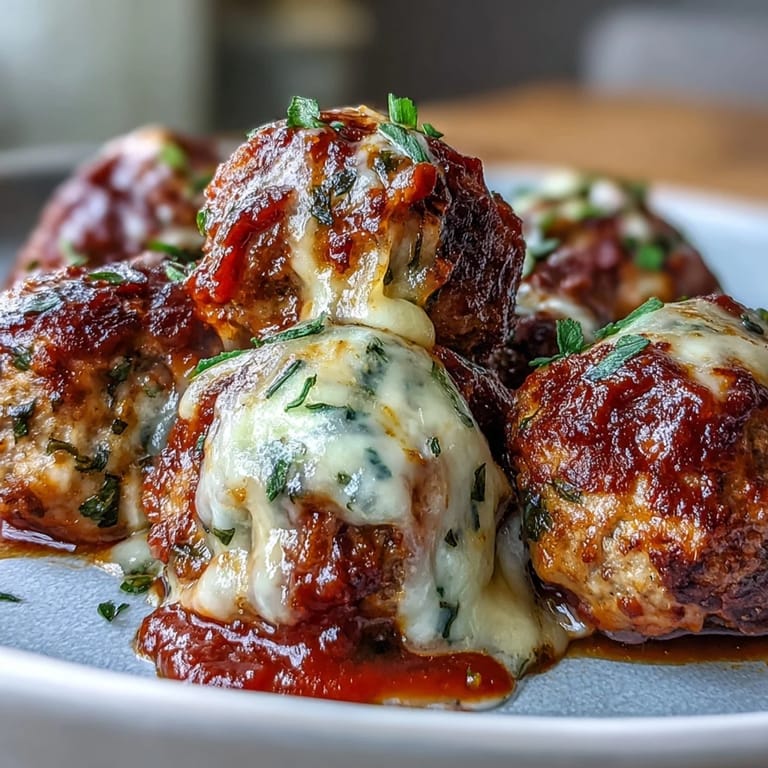 Fresh basil and grated Parmesan top a steaming bowl of cheesy, garlicky meatballs in vibrant red marinara.
